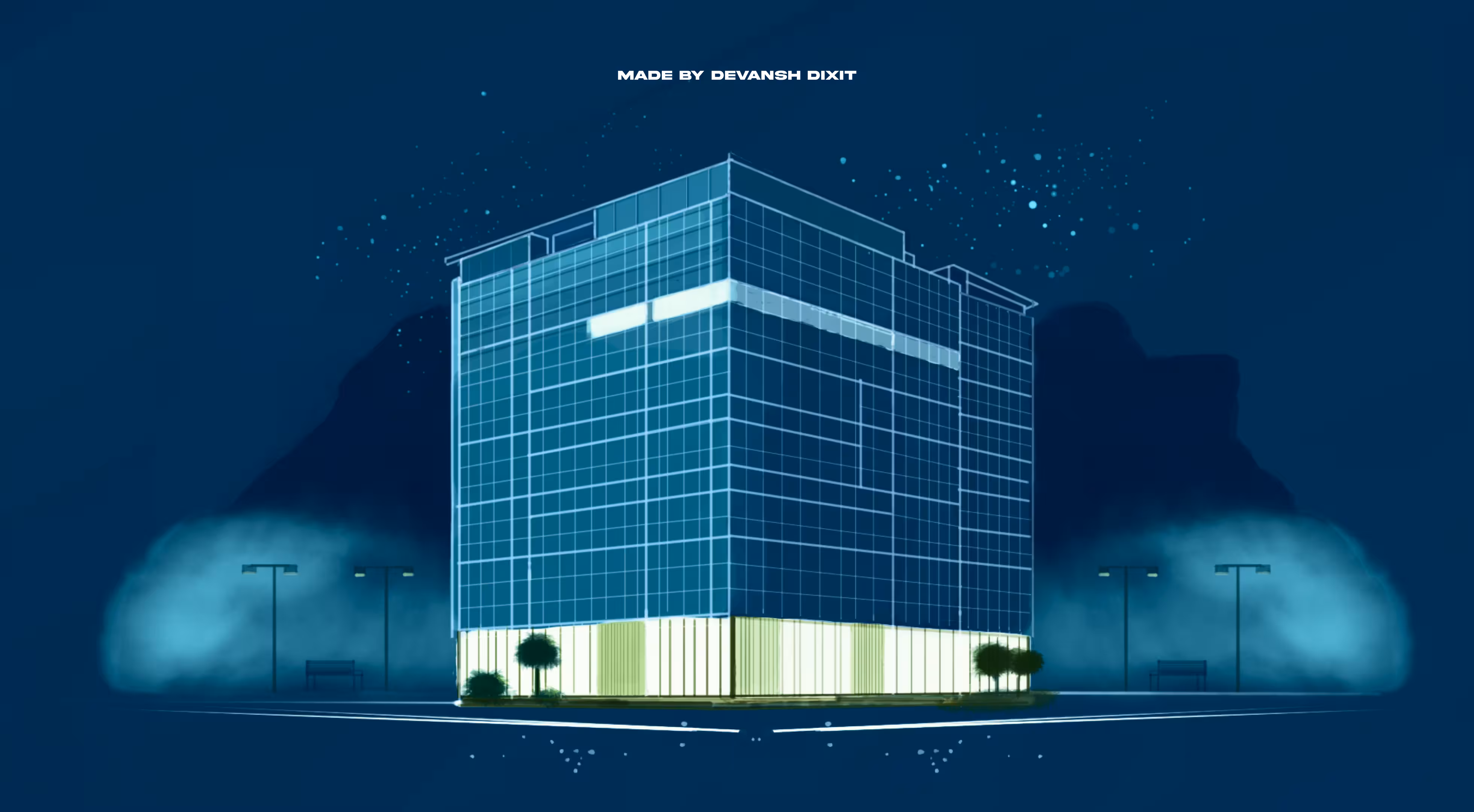Digital illustration of a glass office building at night